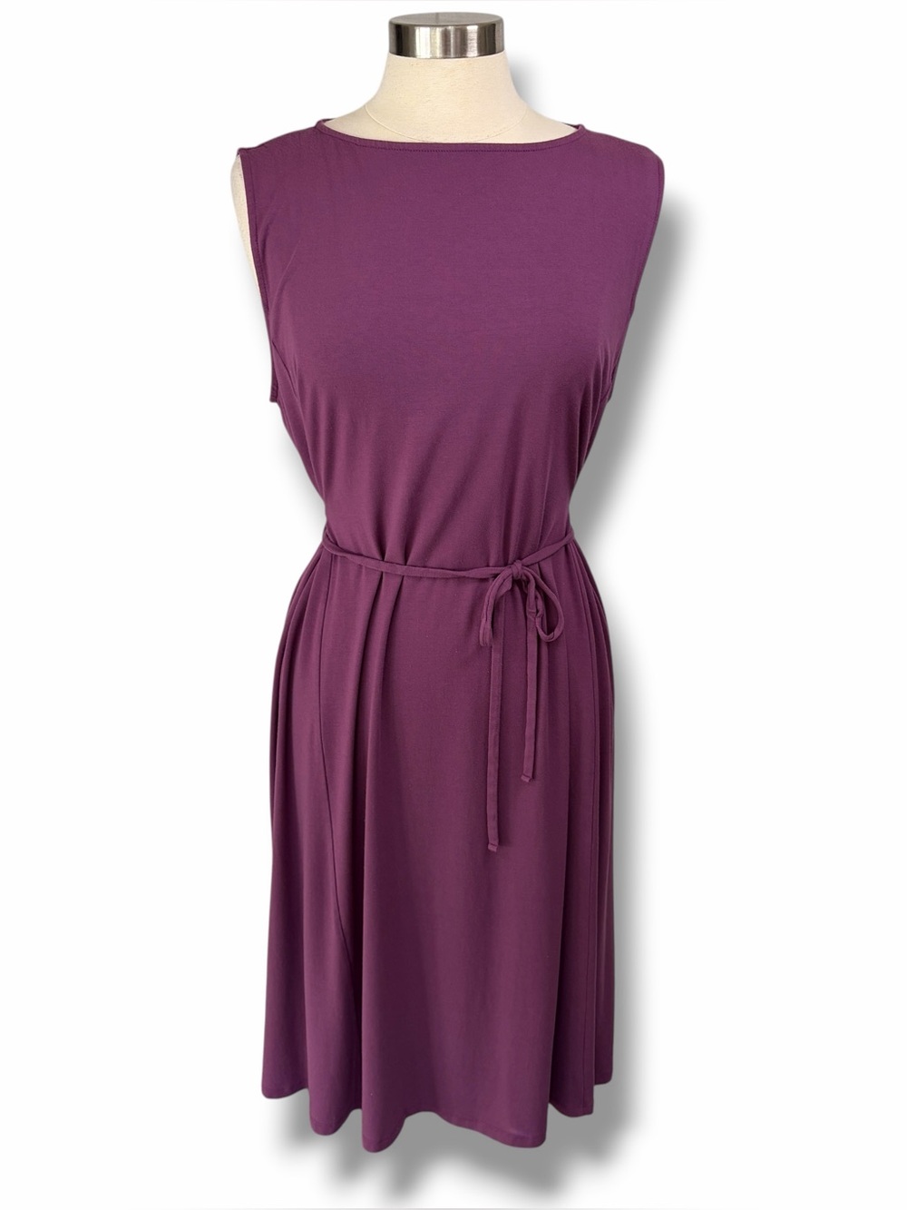 EILEEN FISHER Purple Boat Neck Midi Shift Dress Attached Tie Belt, XL - Picture 1 of 9
